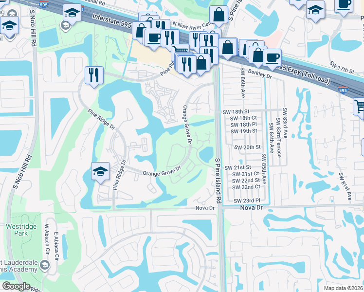 map of restaurants, bars, coffee shops, grocery stores, and more near 1705 Whitehall Drive in Davie