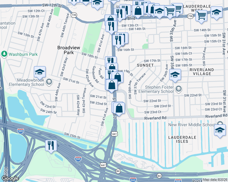 map of restaurants, bars, coffee shops, grocery stores, and more near U.S. 441 & Riverland Rd in Fort Lauderdale