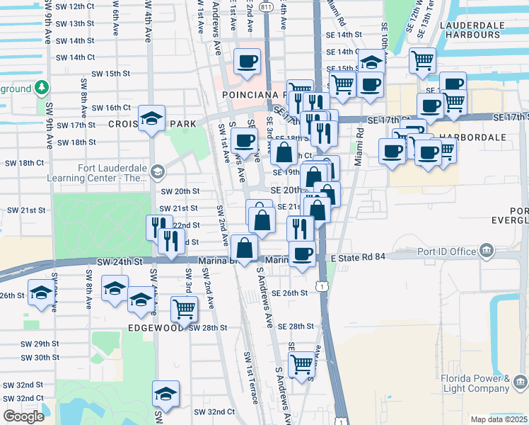 map of restaurants, bars, coffee shops, grocery stores, and more near 2100 South Andrews Avenue in Fort Lauderdale