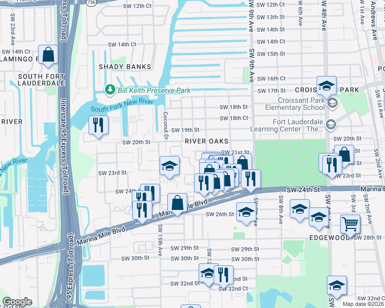 map of restaurants, bars, coffee shops, grocery stores, and more near 21 The Common in Fort Lauderdale