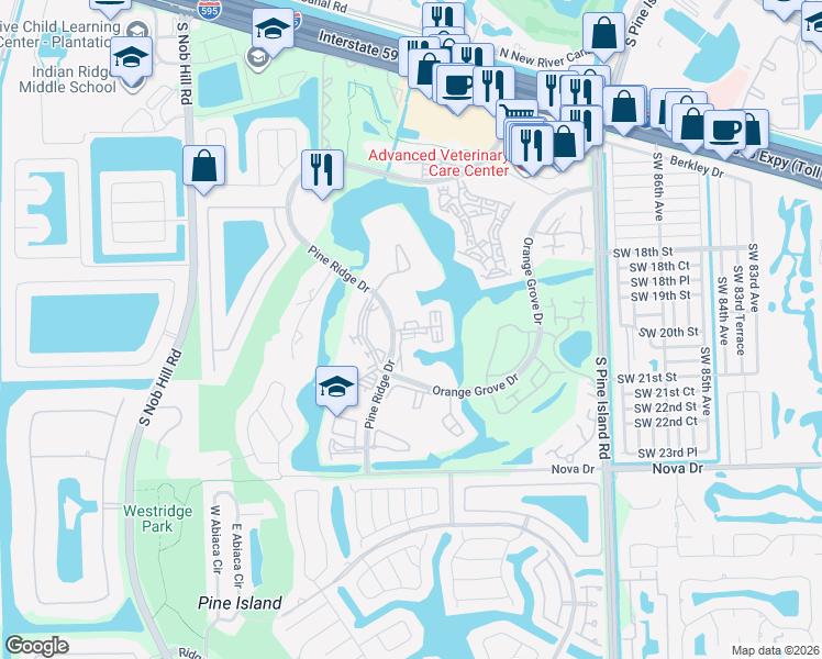 map of restaurants, bars, coffee shops, grocery stores, and more near 9301 Lagoon Place in Davie