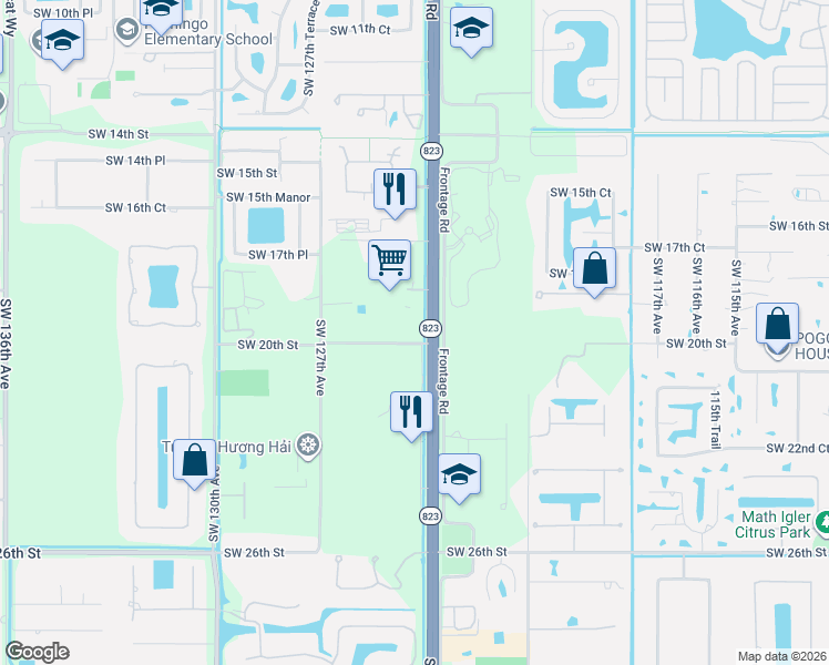 map of restaurants, bars, coffee shops, grocery stores, and more near 12425 Southwest 20th Street in Davie