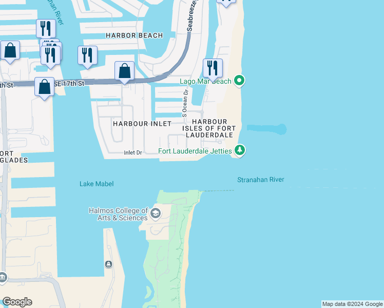 map of restaurants, bars, coffee shops, grocery stores, and more near 3465 South Ocean Drive in Fort Lauderdale