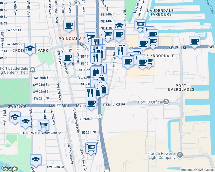 map of restaurants, bars, coffee shops, grocery stores, and more near 704 Southeast 21st Street in Fort Lauderdale