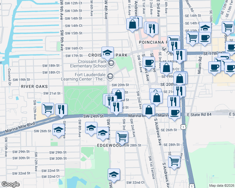 map of restaurants, bars, coffee shops, grocery stores, and more near 301 Southwest 21st Street in Fort Lauderdale