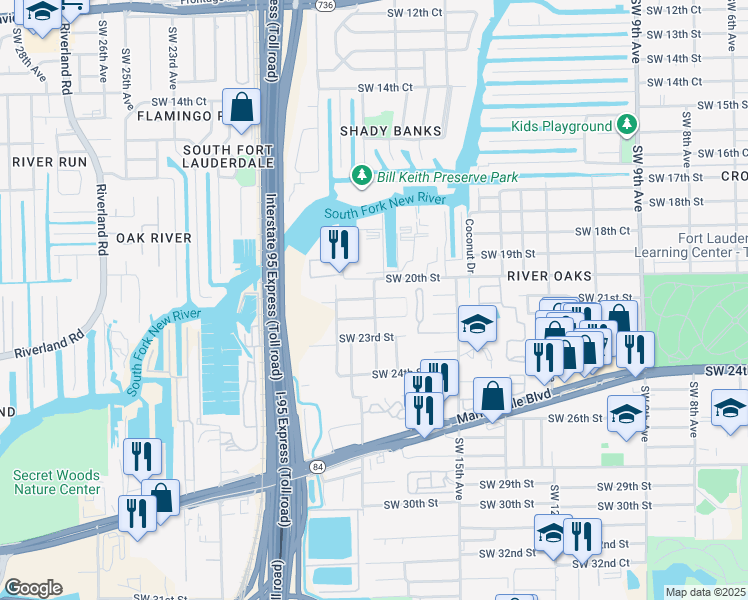 map of restaurants, bars, coffee shops, grocery stores, and more near 2020 Southwest 18th Avenue in Fort Lauderdale