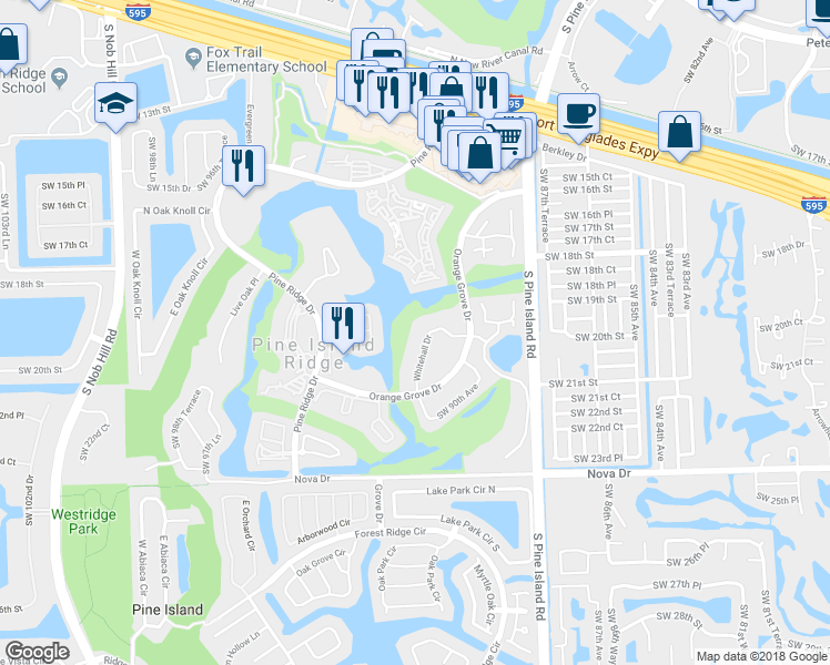 map of restaurants, bars, coffee shops, grocery stores, and more near 1705 Whitehall Drive in Davie