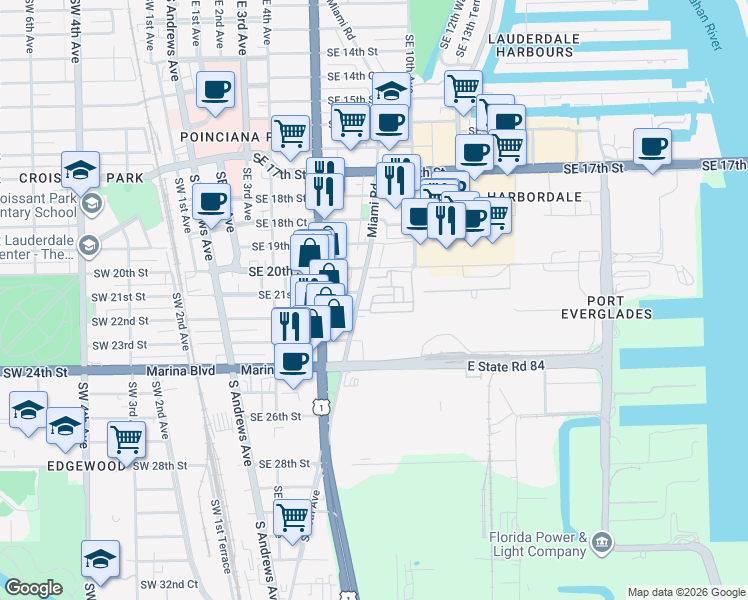 map of restaurants, bars, coffee shops, grocery stores, and more near 2100 Miami Road in Fort Lauderdale