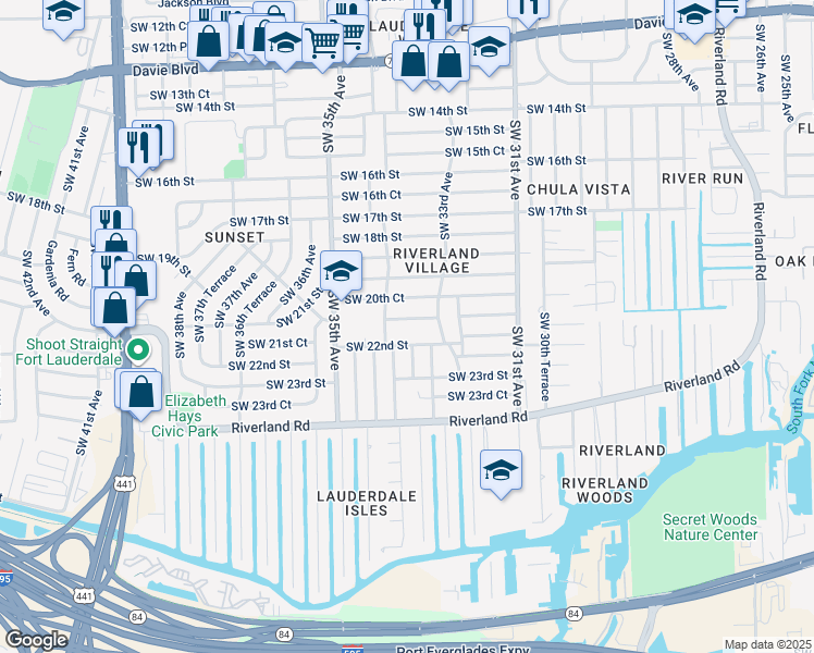 map of restaurants, bars, coffee shops, grocery stores, and more near 3360 Southwest 21st Street in Fort Lauderdale