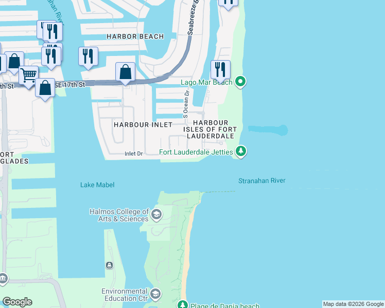 map of restaurants, bars, coffee shops, grocery stores, and more near 2100 South Ocean Drive in Fort Lauderdale