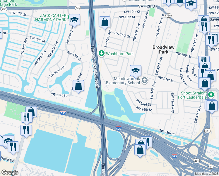 map of restaurants, bars, coffee shops, grocery stores, and more near 2410 Southwest 50th Terrace in Plantation