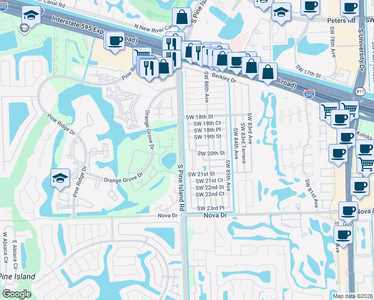 map of restaurants, bars, coffee shops, grocery stores, and more near 1961 Southwest 87th Terrace in Davie