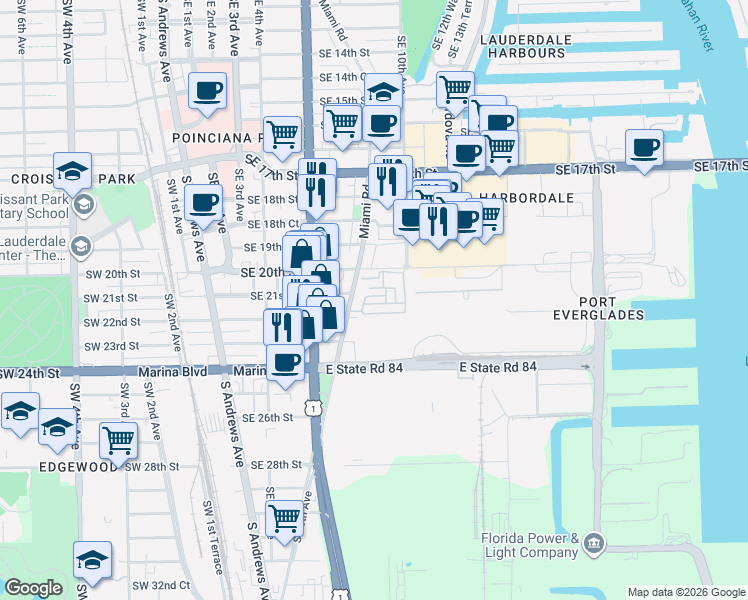 map of restaurants, bars, coffee shops, grocery stores, and more near 2100 Miami Road in Fort Lauderdale