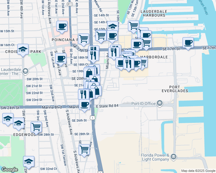 map of restaurants, bars, coffee shops, grocery stores, and more near 2100 Miami Road in Fort Lauderdale