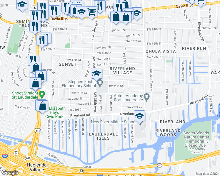 map of restaurants, bars, coffee shops, grocery stores, and more near 3360 Southwest 21st Street in Fort Lauderdale
