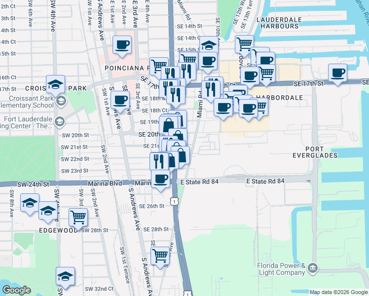 map of restaurants, bars, coffee shops, grocery stores, and more near 704 Southeast 21st Street in Fort Lauderdale