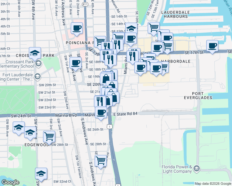 map of restaurants, bars, coffee shops, grocery stores, and more near 704 Southeast 21st Street in Fort Lauderdale