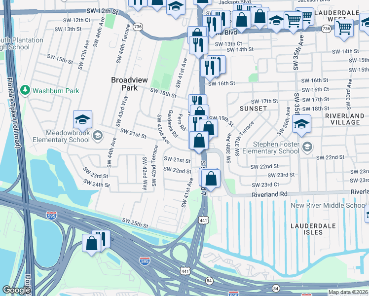 map of restaurants, bars, coffee shops, grocery stores, and more near 4151 Southwest 20th Street in Fort Lauderdale