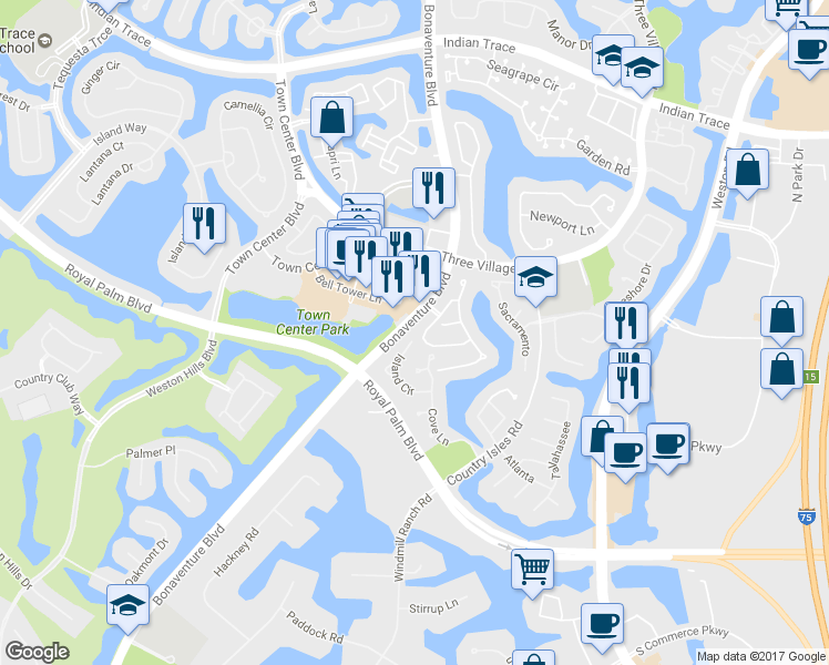 map of restaurants, bars, coffee shops, grocery stores, and more near 1985 Landing Way in Weston
