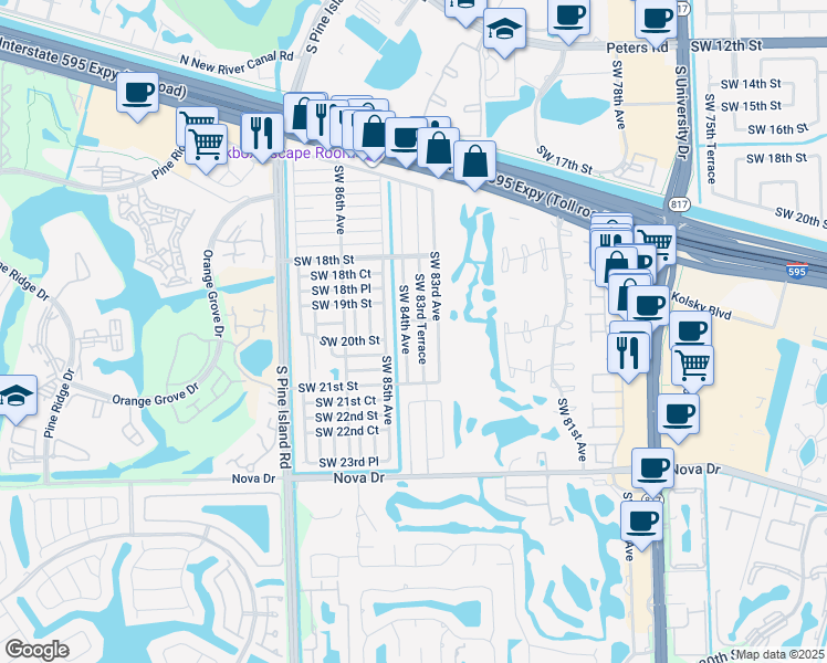 map of restaurants, bars, coffee shops, grocery stores, and more near 1940 Southwest 84th Avenue in Davie