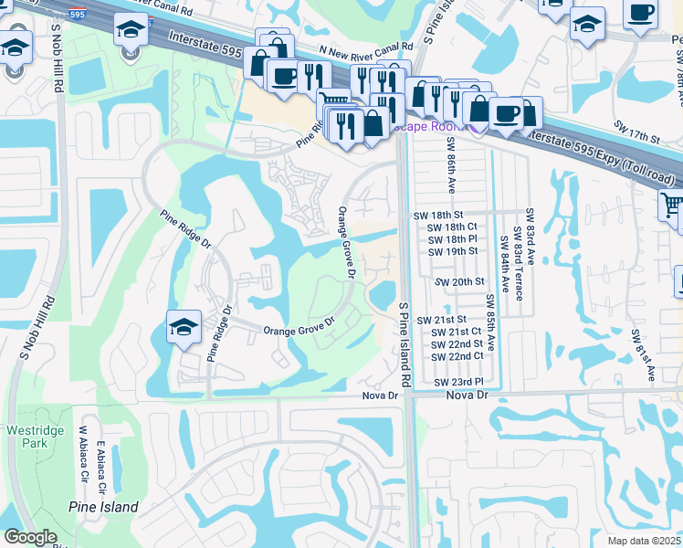 map of restaurants, bars, coffee shops, grocery stores, and more near 9124A Southwest 20th Place in Davie