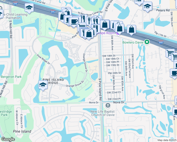 map of restaurants, bars, coffee shops, grocery stores, and more near 9124A Southwest 20th Place in Davie