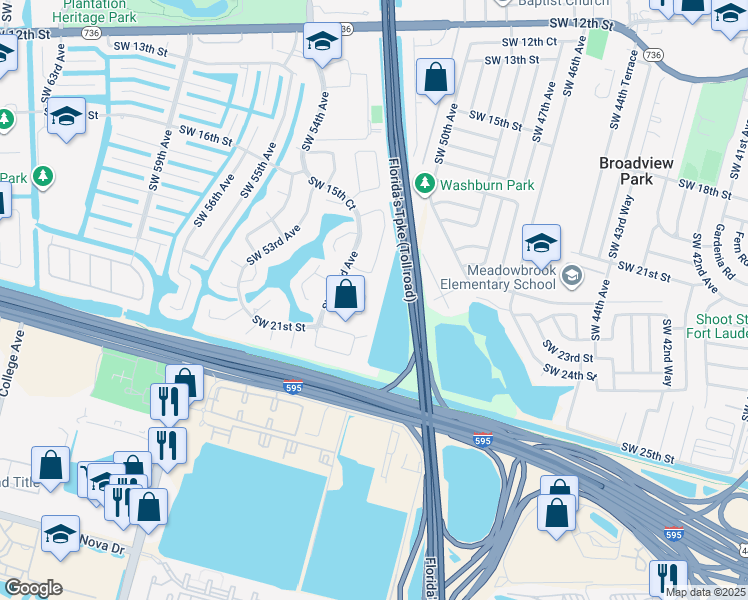 map of restaurants, bars, coffee shops, grocery stores, and more near 1920 Southwest 51st Terrace in Plantation