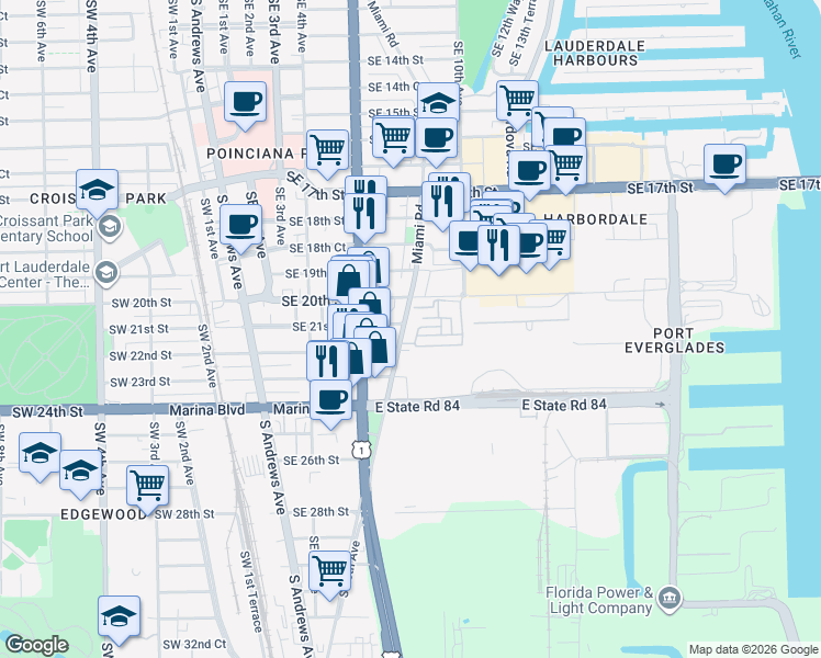 map of restaurants, bars, coffee shops, grocery stores, and more near 2100 Miami Road in Fort Lauderdale