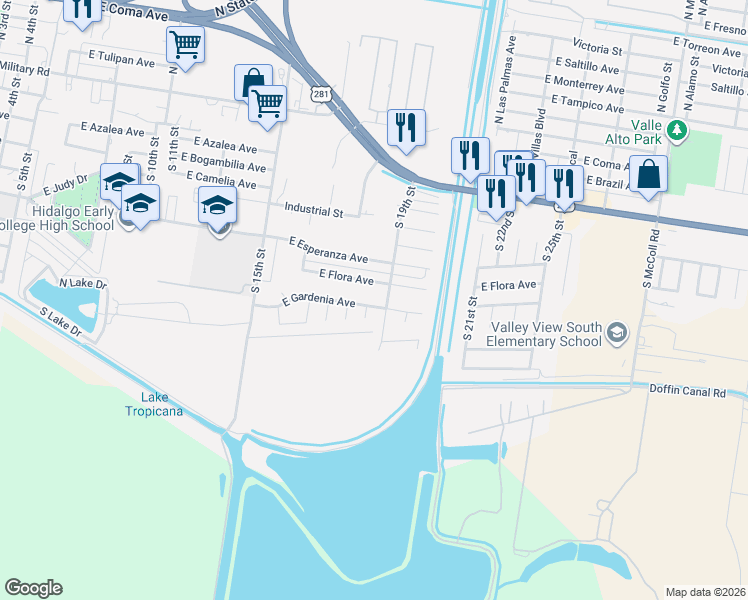 map of restaurants, bars, coffee shops, grocery stores, and more near 1803 East Gardenia Avenue in Hidalgo