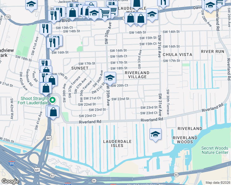 map of restaurants, bars, coffee shops, grocery stores, and more near 3471 Southwest 22nd Street in Fort Lauderdale