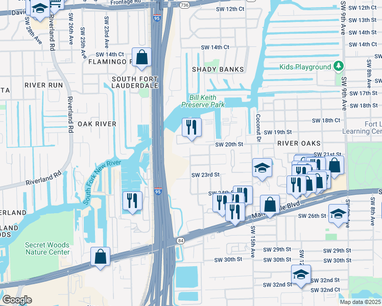 map of restaurants, bars, coffee shops, grocery stores, and more near 1885 Southwest 21st Street in Fort Lauderdale