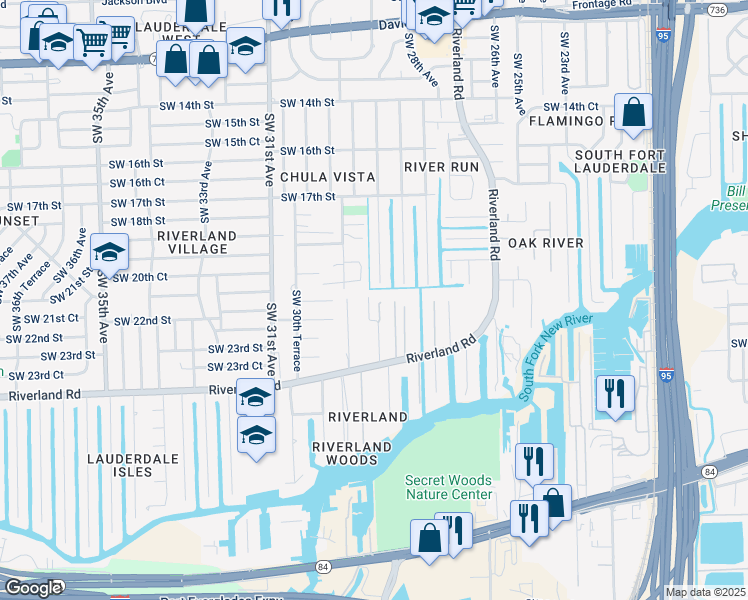 map of restaurants, bars, coffee shops, grocery stores, and more near 2100 Southwest 28th Way in Fort Lauderdale
