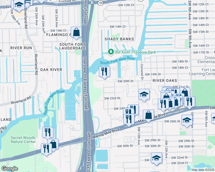 map of restaurants, bars, coffee shops, grocery stores, and more near 1885 Southwest 21st Street in Fort Lauderdale