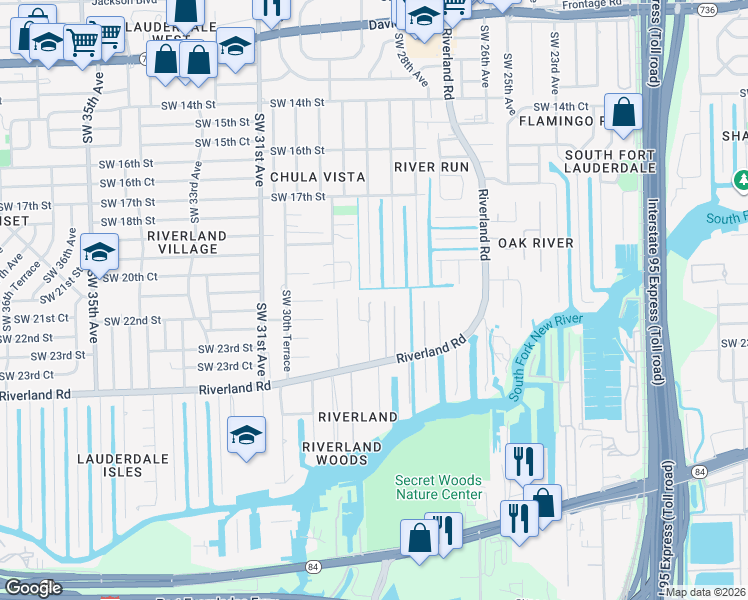 map of restaurants, bars, coffee shops, grocery stores, and more near 2100 Southwest 28th Way in Fort Lauderdale