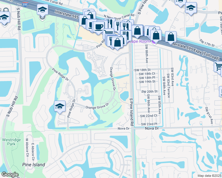 map of restaurants, bars, coffee shops, grocery stores, and more near 9124A Southwest 20th Place in Davie