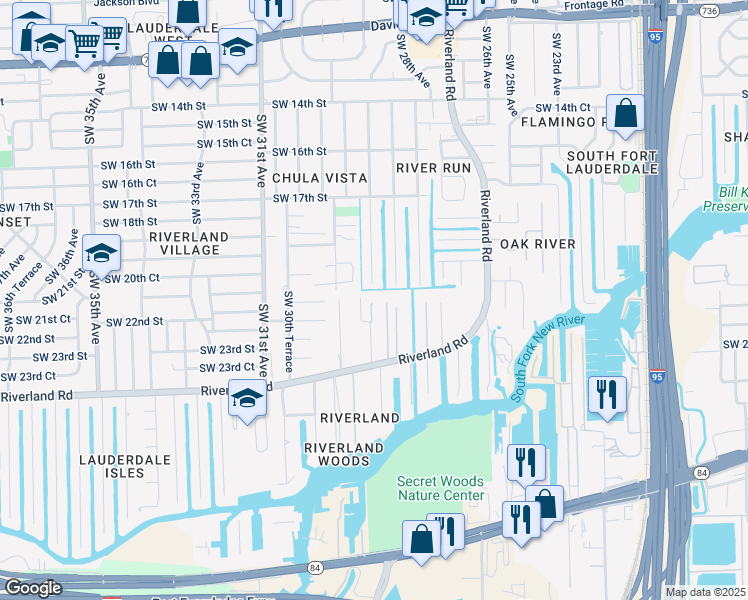 map of restaurants, bars, coffee shops, grocery stores, and more near 2100 Southwest 28th Way in Fort Lauderdale
