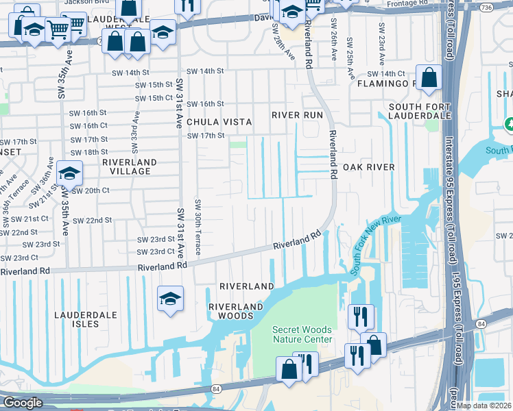 map of restaurants, bars, coffee shops, grocery stores, and more near 2100 Southwest 28th Way in Fort Lauderdale