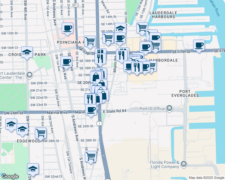 map of restaurants, bars, coffee shops, grocery stores, and more near 2100 Miami Road in Fort Lauderdale