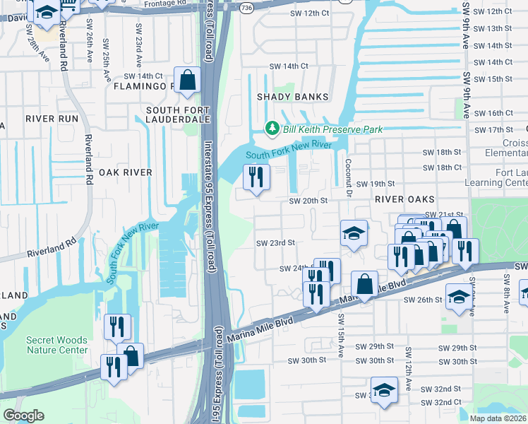 map of restaurants, bars, coffee shops, grocery stores, and more near 1885 Southwest 21st Street in Fort Lauderdale