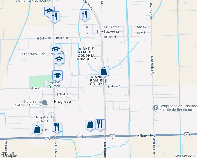 map of restaurants, bars, coffee shops, grocery stores, and more near 208 Danita Jo Street in Weslaco