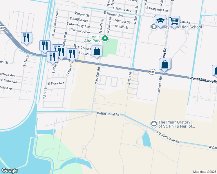 map of restaurants, bars, coffee shops, grocery stores, and more near 416 30th Street in Hidalgo