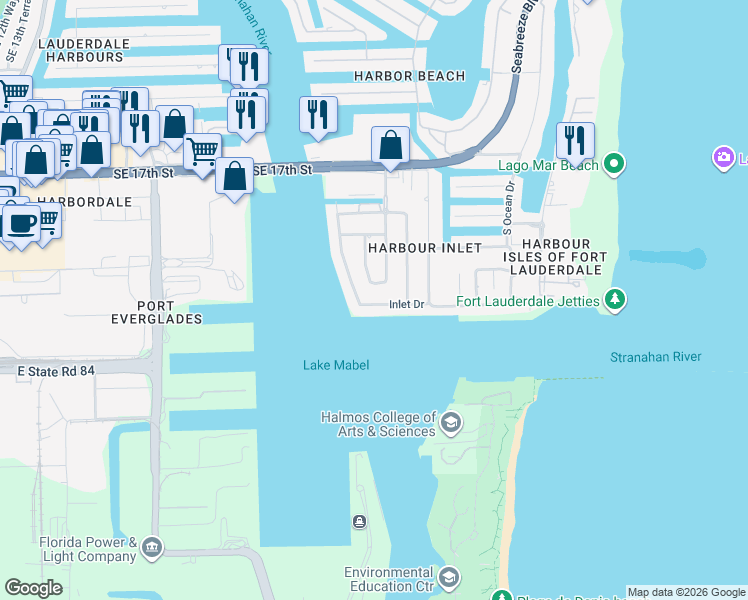 map of restaurants, bars, coffee shops, grocery stores, and more near 2201 Inlet Drive in Fort Lauderdale
