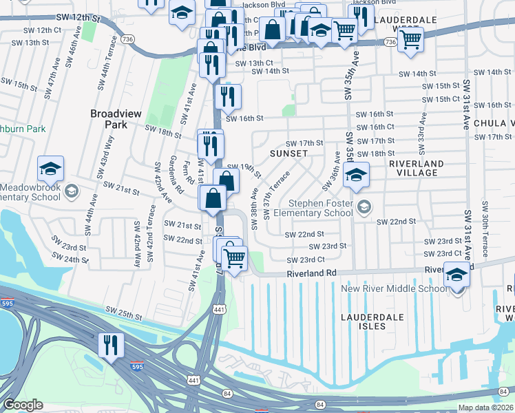 map of restaurants, bars, coffee shops, grocery stores, and more near 2080 Southwest 38th Avenue in Fort Lauderdale
