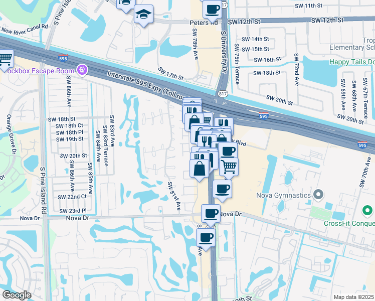 map of restaurants, bars, coffee shops, grocery stores, and more near 30 North Valencia Drive in Davie