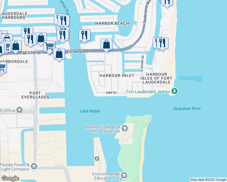 map of restaurants, bars, coffee shops, grocery stores, and more near 2401 Inlet Drive in Fort Lauderdale