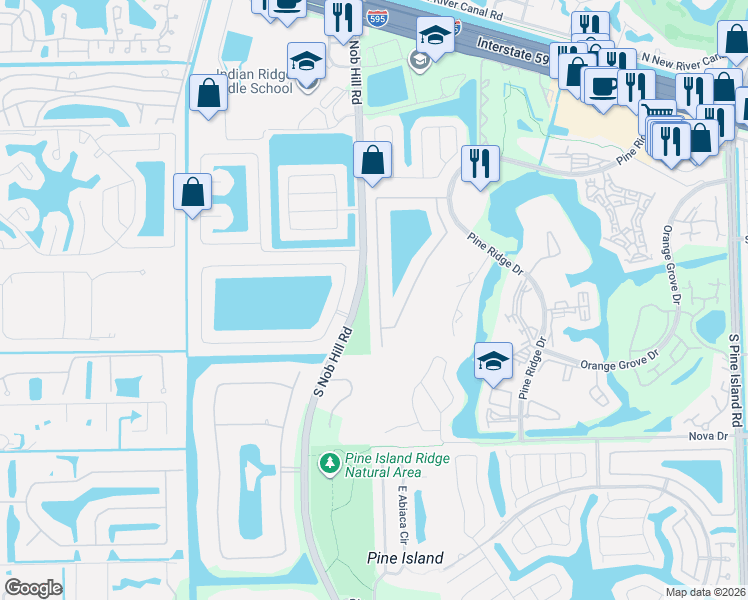 map of restaurants, bars, coffee shops, grocery stores, and more near 1821 West Oak Knoll Circle in Davie
