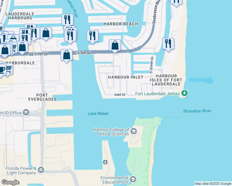 map of restaurants, bars, coffee shops, grocery stores, and more near 2401 Inlet Drive in Fort Lauderdale