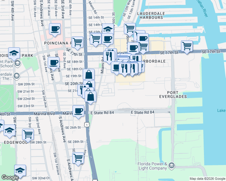 map of restaurants, bars, coffee shops, grocery stores, and more near 2039 Southeast 10th Avenue in Fort Lauderdale