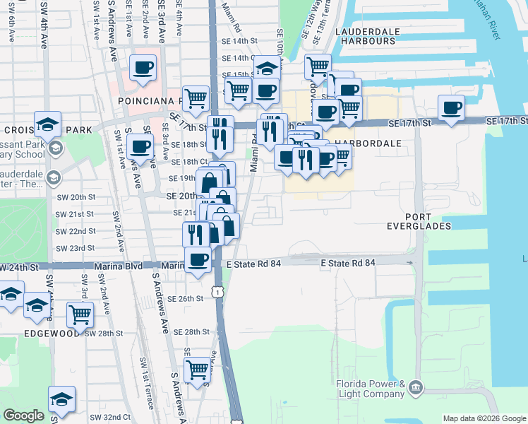 map of restaurants, bars, coffee shops, grocery stores, and more near 2100 Miami Road in Fort Lauderdale