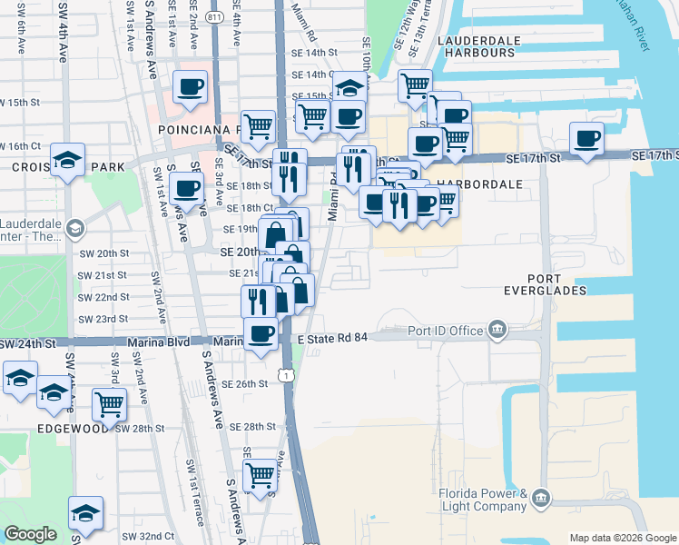 map of restaurants, bars, coffee shops, grocery stores, and more near 2100 Miami Road in Fort Lauderdale